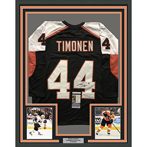 Framed Autographed/Signed Kimmo Timonen 33x42 Philadelphia Black Hockey Jersey JSA COA