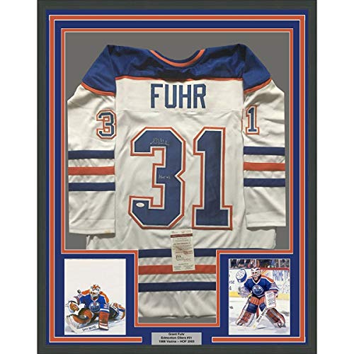 Framed Autographed/Signed Grant Fuhr"HOF 03" 33x42 Edmonton White Hockey Jersey JSA COA