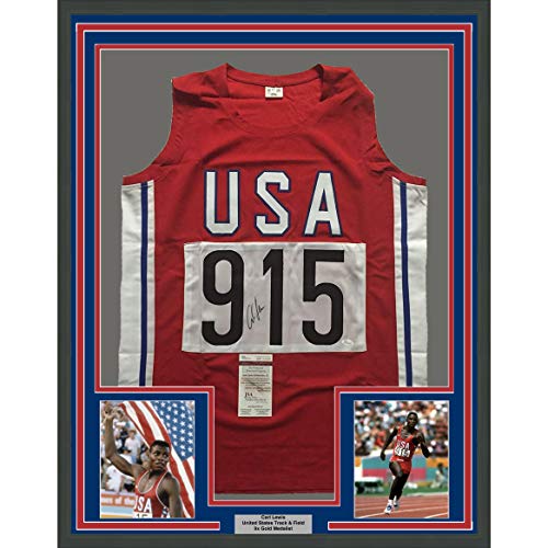 Framed Autographed/Signed Carl Lewis 33x42 United States USA Red Track & Field Jersey JSA COA