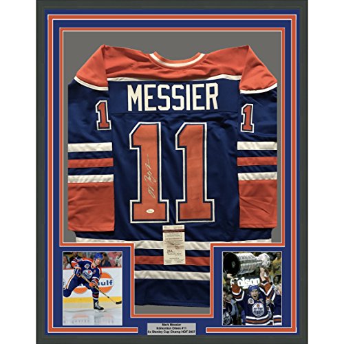 Framed Autographed/Signed Mark Messier 33x42 Edmonton Blue Hockey Jersey JSA COA