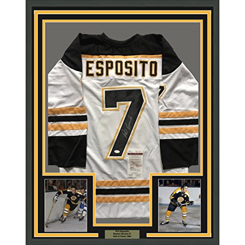 Framed Autographed/Signed Phil Esposito 33x42 Boston White Hockey Jersey JSA COA