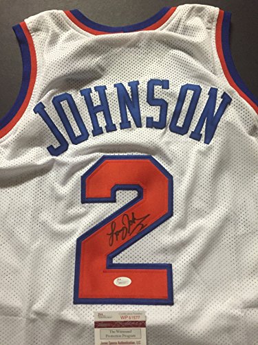 Autographed/Signed Larry Johnson New York White Basketball Jersey JSA COA