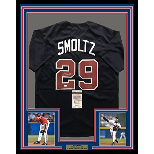 Framed Autographed/Signed John Smoltz 33x42 Atlanta Blue Baseball Jersey JSA COA