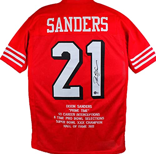 Deion Sanders Autographed Red Pro Style Stat Jersey- Beckett W Black 1 - 757 Sports Collectibles