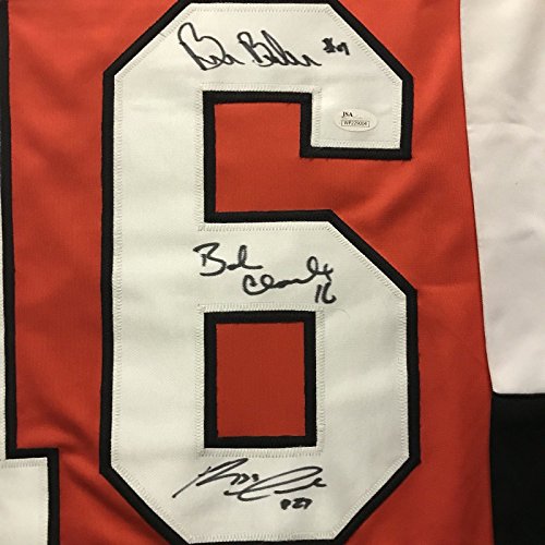 Framed Autographed/Signed LCB Line Reggie Leach, Bobby Clarke & Bill Barber 33x42 Philadelphia Orange Hockey Jersey JSA COA - 757 Sports Collectibles