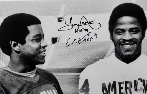 Tony Dorsett Earl Campbell Autographed HOF 16x20 B&W Smiling Photo- Beckett Auth - 757 Sports Collectibles