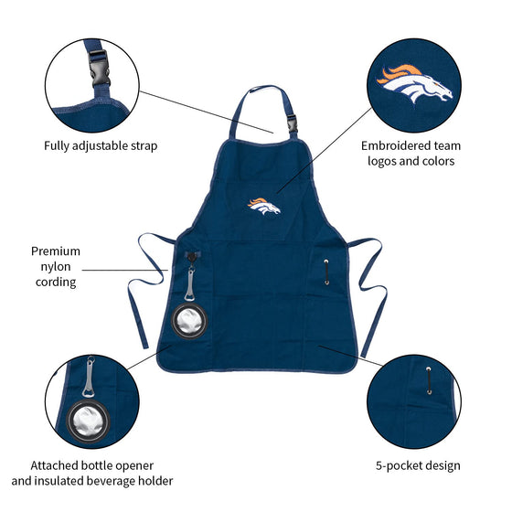 Team Sports America NFL Denver Broncos Ultimate Grilling Apron Durable Cotton with Beverage Opener and Multi Tool For Football Fans Fathers Day and More - 757 Sports Collectibles