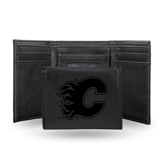 NHL Calgary Flames Laser Engraved Black Tri-Fold Wallet   