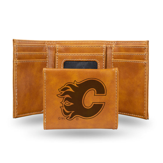 NHL Calgary Flames Laser Engraved Brown Tri-Fold Wallet   