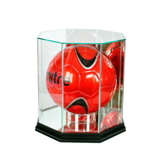 99% UV Blocking Glass Soccer Futbol Display Case - Cherry, Walnut, or Blk Base - Museum Conservation Grade - 757 Sports Collectibles