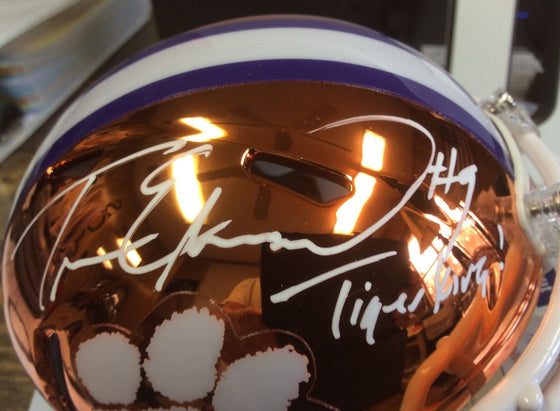 Travis Etienne Autographed & Inscribed Clemson Tiger Chrome Mini Helmet Cert JSA - 757 Sports Collectibles